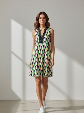 New CROWN & IVY Elephant Print Ellie Pop Dress Colorful Crochet Split VNeck Blue